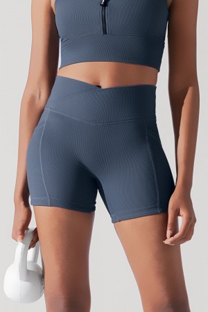 POPFLEX Crisscross Hourglass® Midi Shorts with Pockets (Žebrovaný) Tmavě Blankyt | YJSK09647