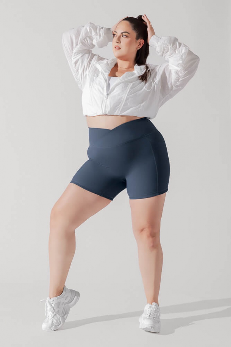 POPFLEX Crisscross Hourglass® Midi Shorts with Pockets (Žebrovaný) Tmavě Blankyt | YJSK09647
