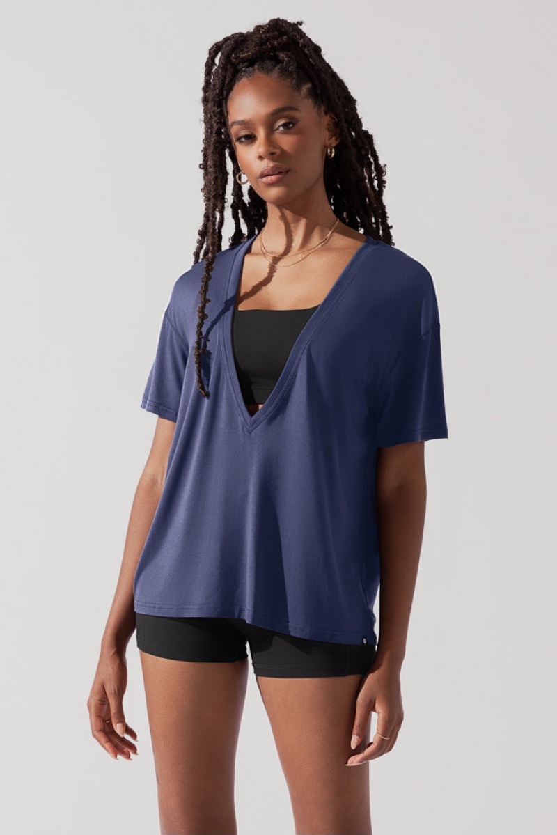 POPFLEX Daring Deep V Tee Tmavě Tmavě Blankyt | QRLI31592