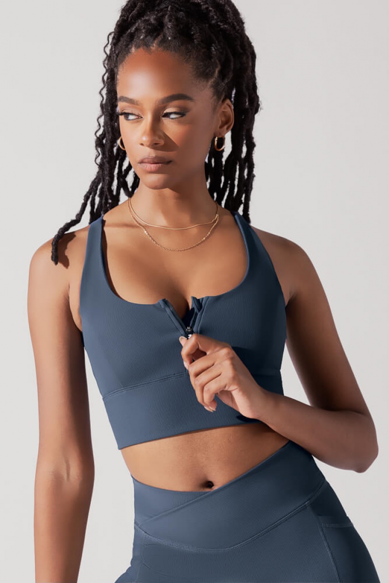 POPFLEX Energy Half Zip Crop Top (Žebrovaný) Tmavě Blankyt | STVB82019