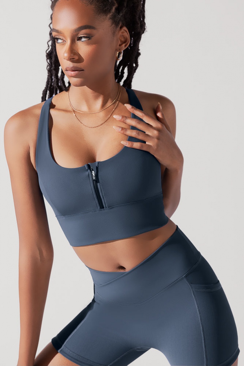 POPFLEX Energy Half Zip Crop Top (Žebrovaný) Tmavě Blankyt | HNIC07962