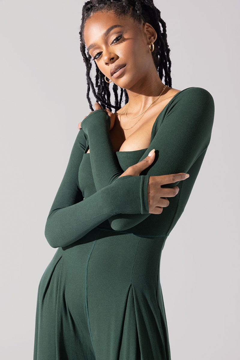 POPFLEX Go With The Flow Long Sleeve Jumpsuit Pine | LVYJ27543