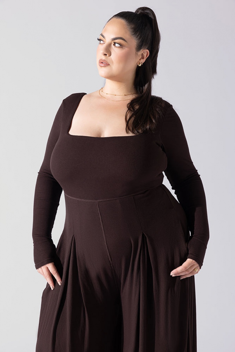 POPFLEX Go With The Flow Long Sleeve Jumpsuit Cocoa | UBSX14750