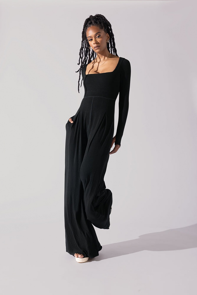 POPFLEX Go With The Flow Long Sleeve Jumpsuit Černé | YNHB52741