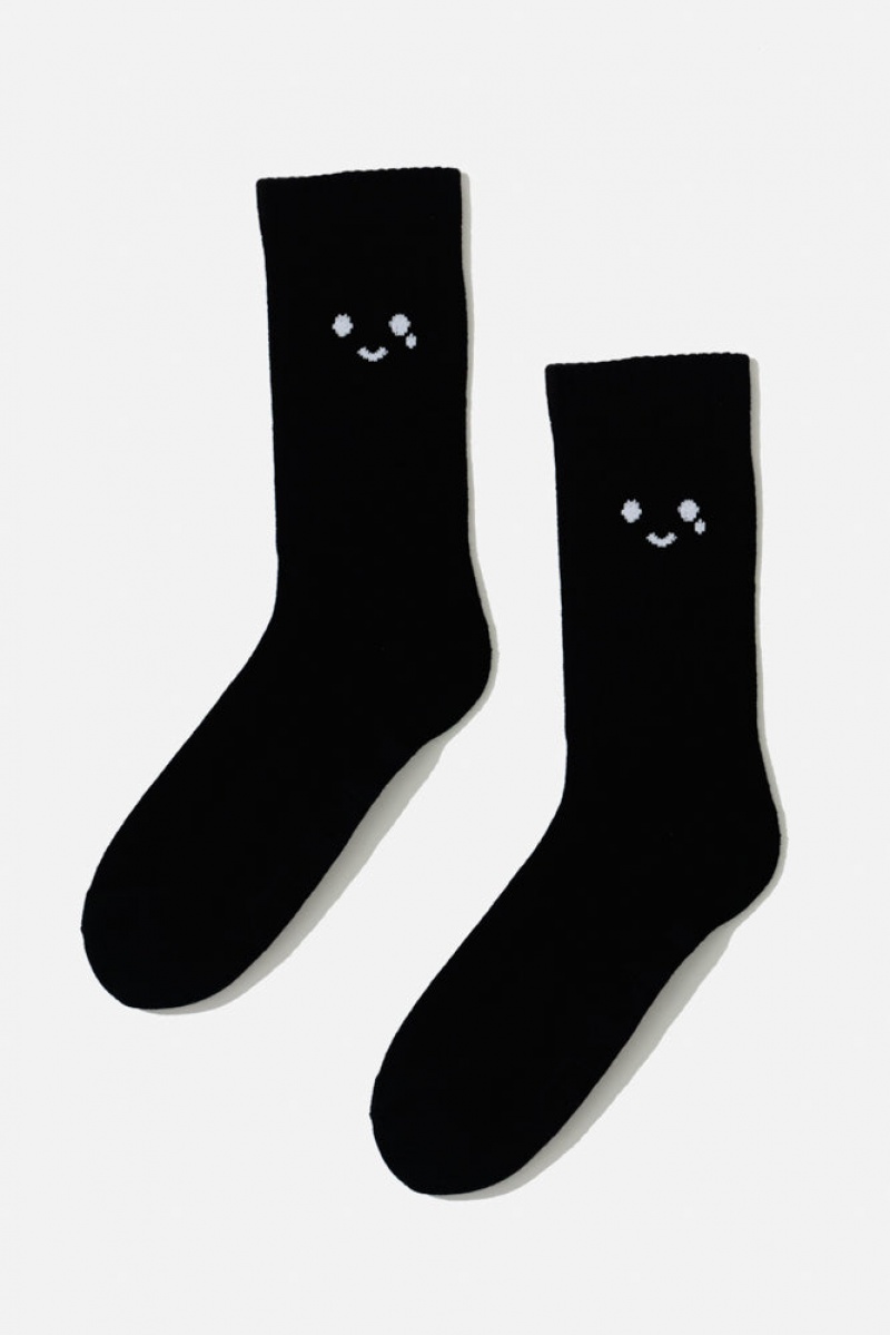 POPFLEX Happy Cry Face Mid-Calf Gym Socks Černé | UIDP12354
