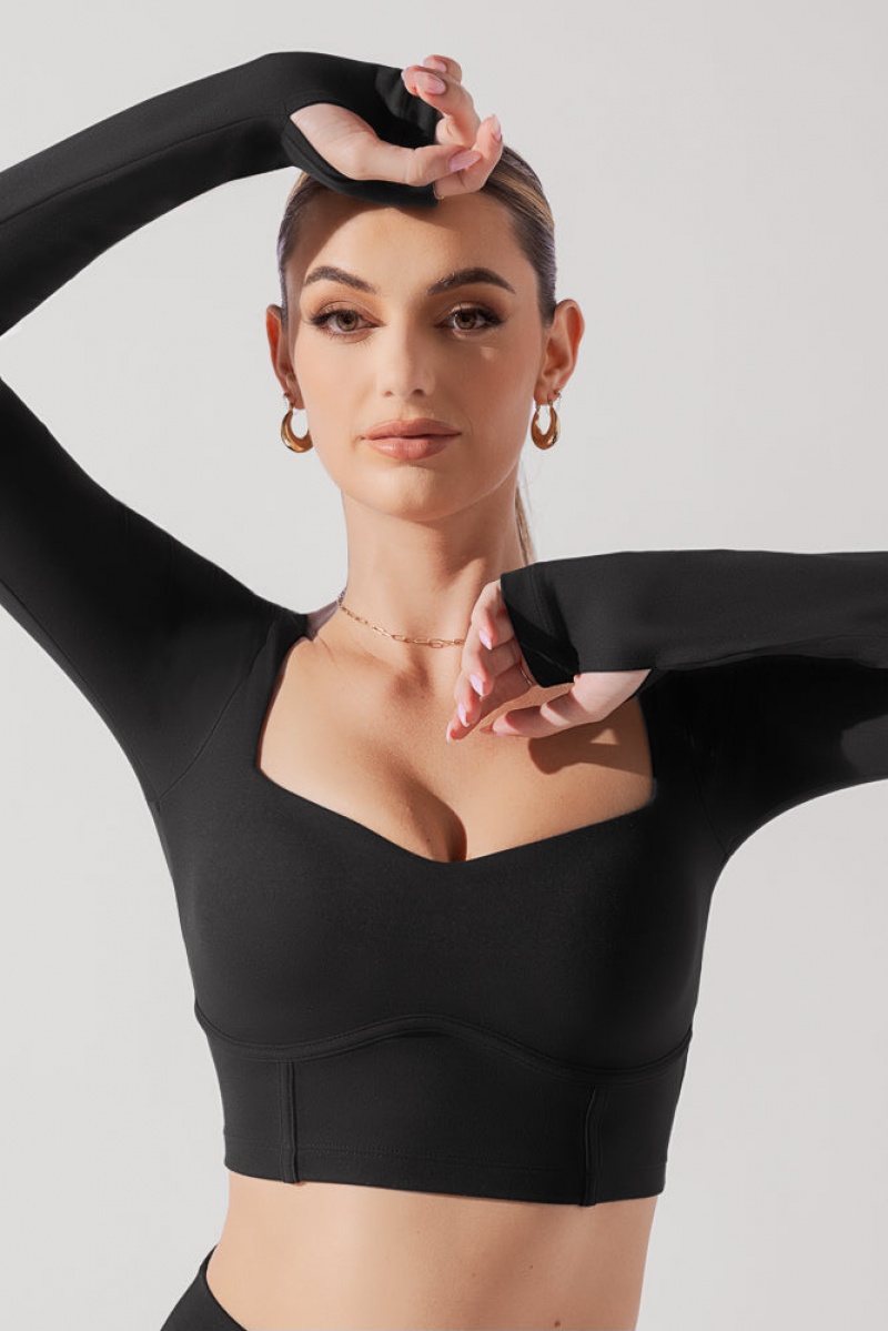 POPFLEX Sweetheart Long Sleeve Crop Top Černé | LKOX35948