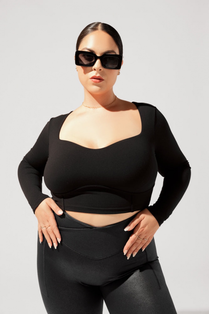 POPFLEX Sweetheart Long Sleeve Crop Top Černé | LKOX35948