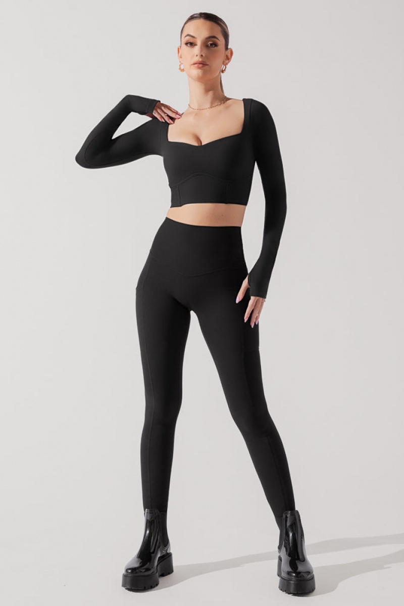 POPFLEX Sweetheart Long Sleeve Crop Top Černé | LKOX35948