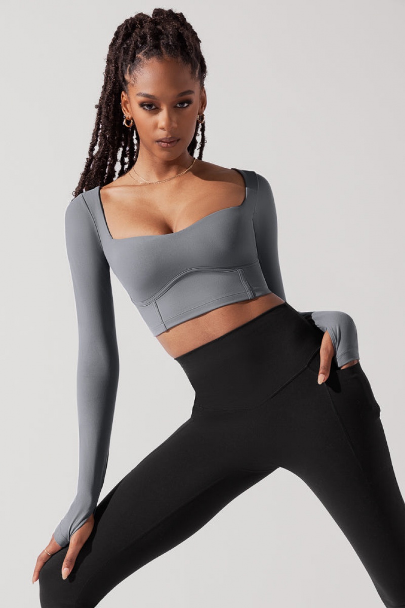 POPFLEX Sweetheart Long Sleeve Crop Top Šedé | NODL13678