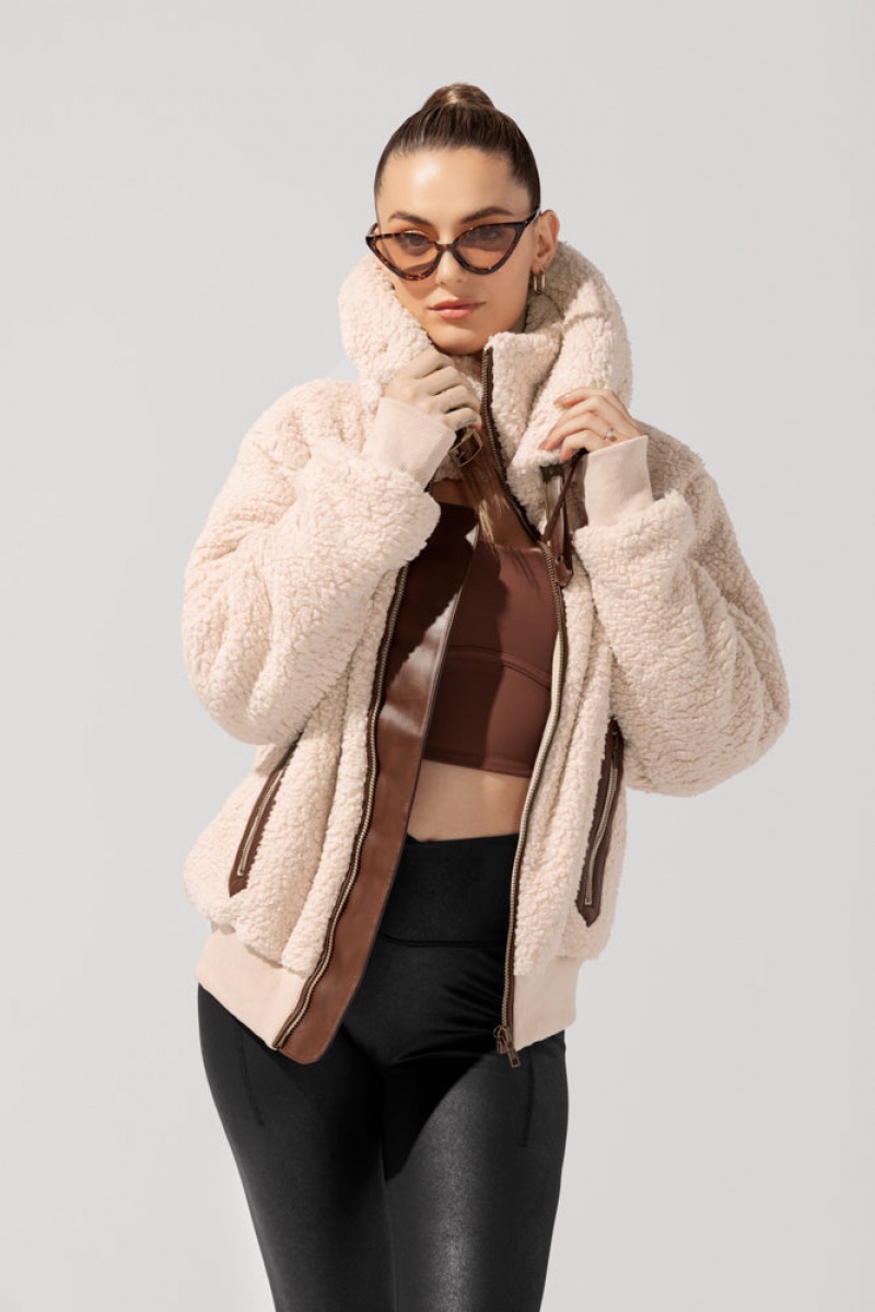 POPFLEX The Kinsley Bomber Jacket in Faux Sherpa Taupe | NMIS49625